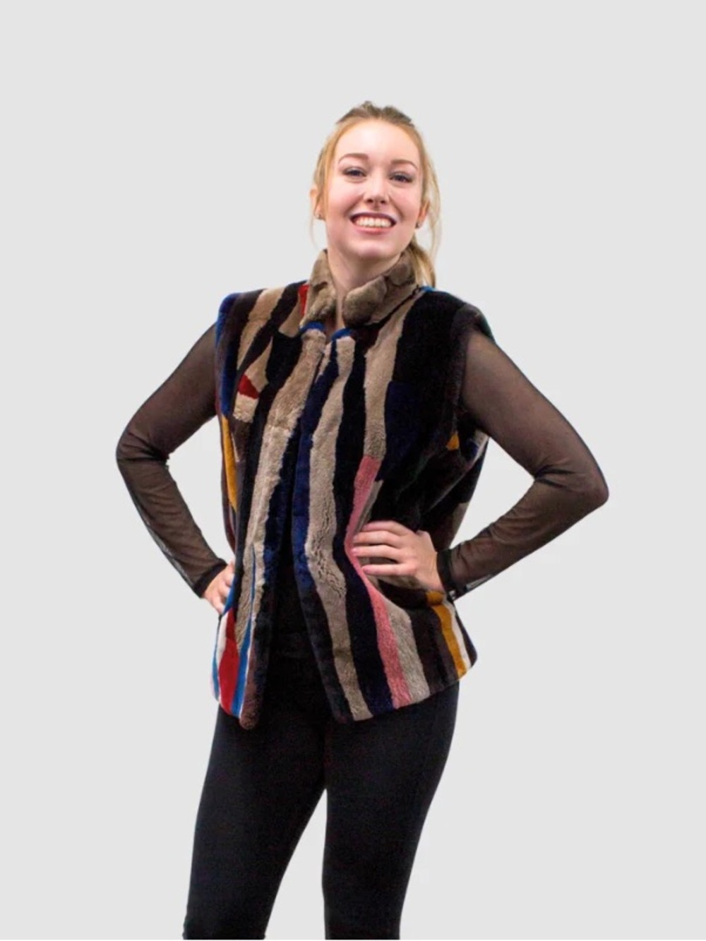Vintage Multicolor Striped Sheared Beaver Fur Vest - Women
